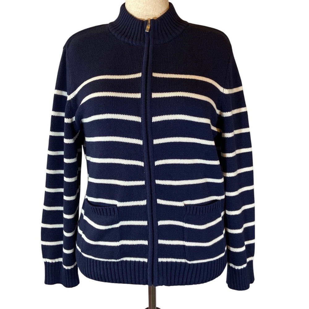 Appleseeds Sweater Navy‎ White Stripe Full Zip Size Large Preppy classic